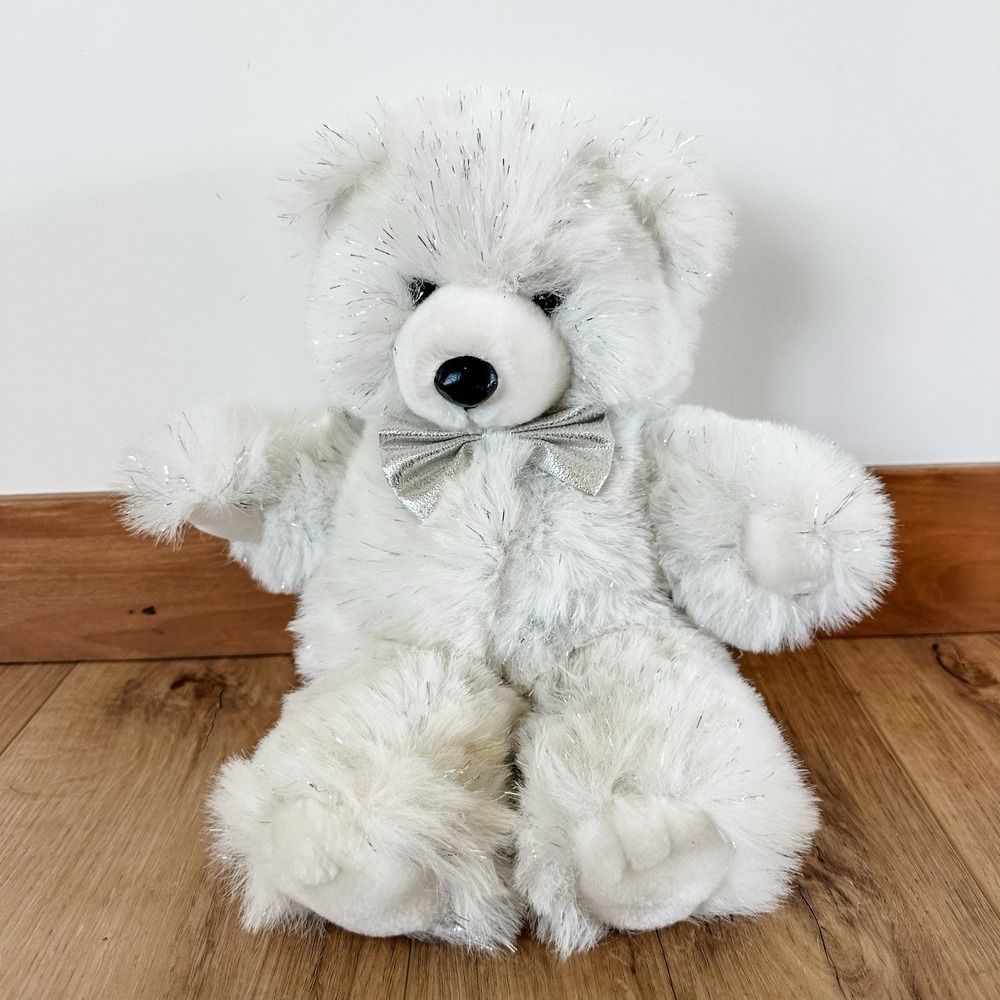 Vtg 90s 24 K Polar Puff Glitter Teddy Bear Stuffed Animal Plush 12" White Silver